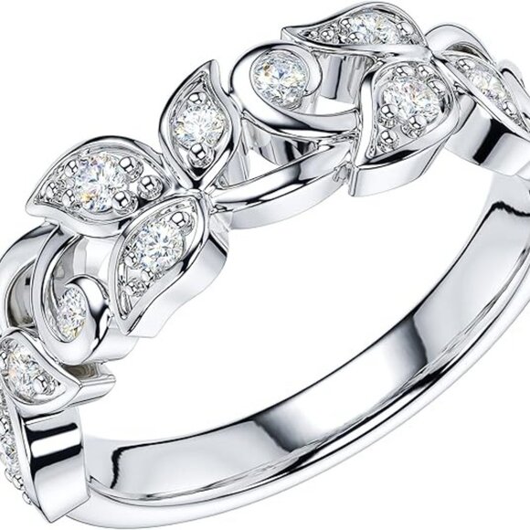 Simulated Diamond Silver 6mm Wide Vine Fligree Leaves Vintage Wedding Ring - Picture 1 of 6